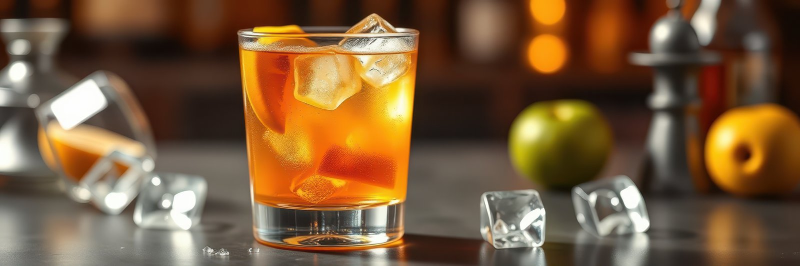 Refreshing cocktail served in a glass with ice and citrus garnishes on a bar countertop